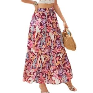 Floral Drawstring Maxi Skirt - Multicolor with‎ pockets size XL